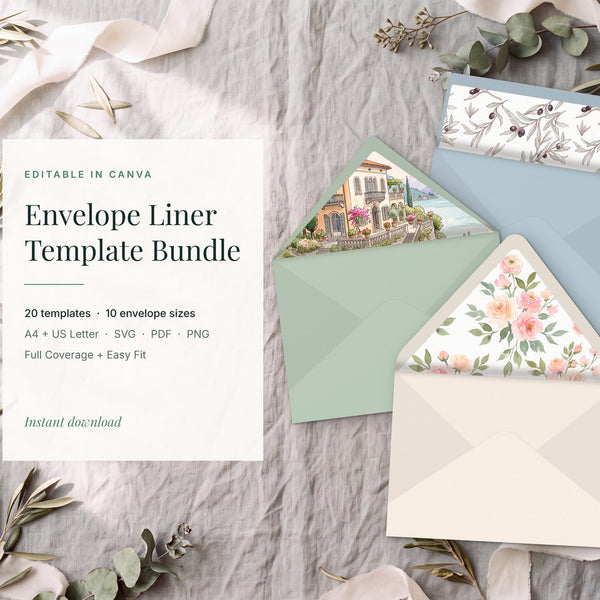 Envelope liner templates shown in floral and lemon designs inside open envelopes