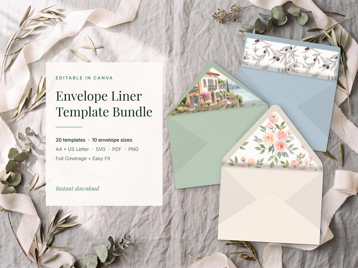 Envelope liner templates shown in floral and lemon designs inside open envelopes