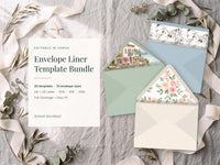 Envelope liner templates shown in floral and lemon designs inside open envelopes