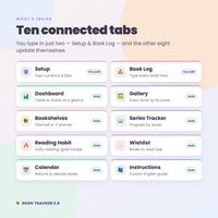 The eight tabs included in the Ultimate Book Tracker